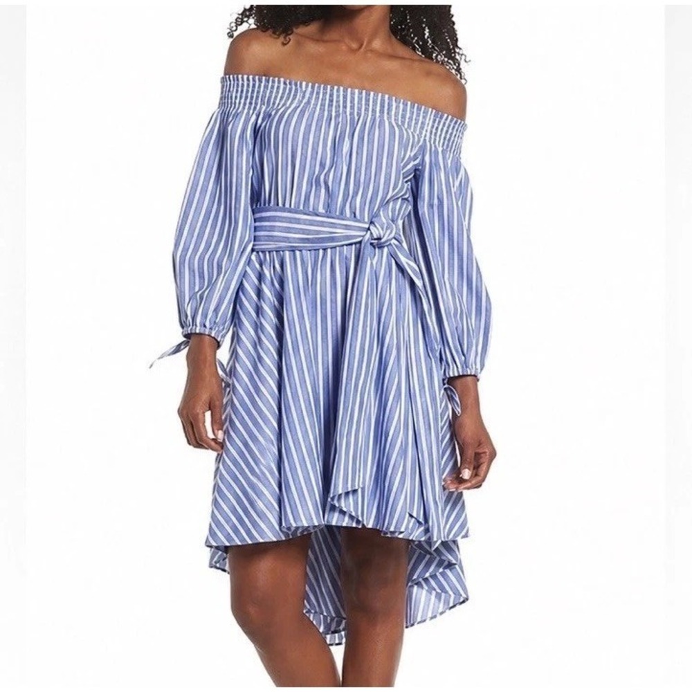 Eliza J Striped Off Shoulder Belted Midi Dress 18 1X Blue Beach Coastal Cotton